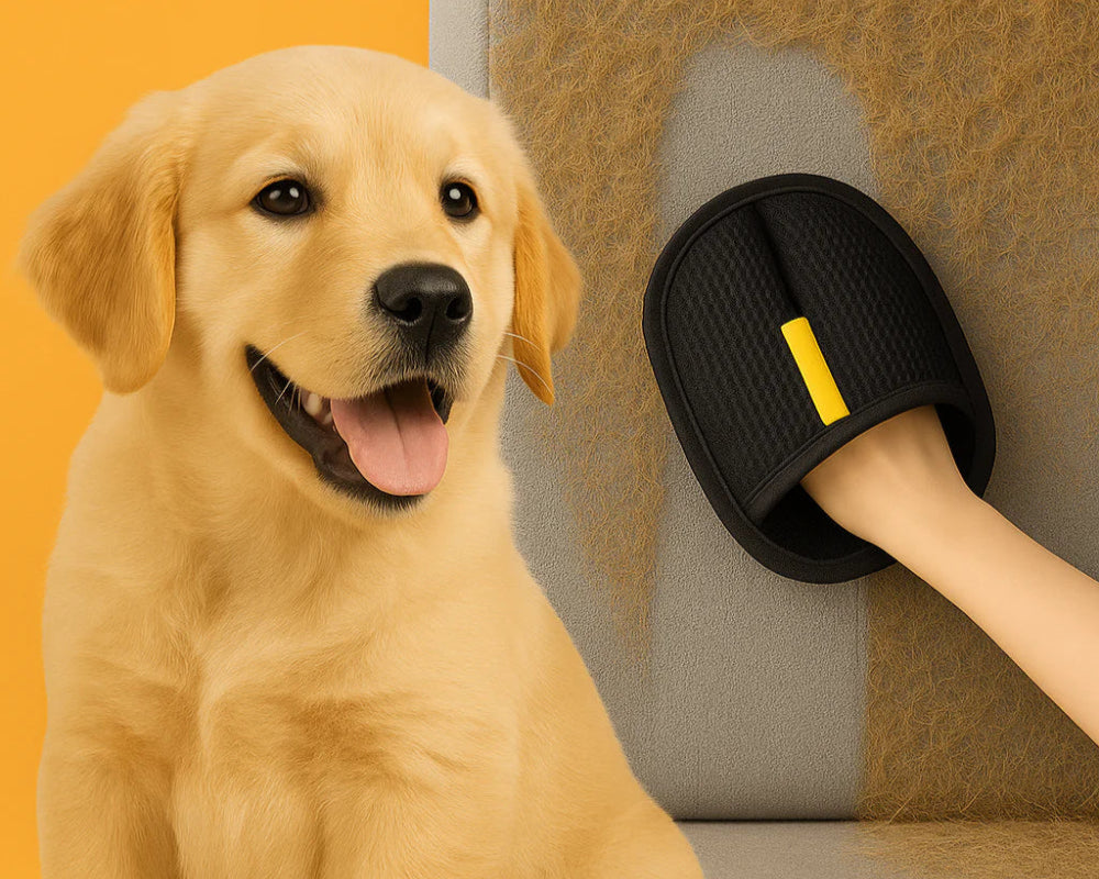 Dog with a paw being cleaned by a black paw cleaner on a gray surface, with 'Bestseller' label above.
